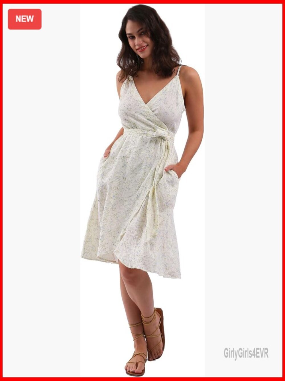 Cotton Sleeveless Spaghetti Strap Wrap Midi Dress with Pockets